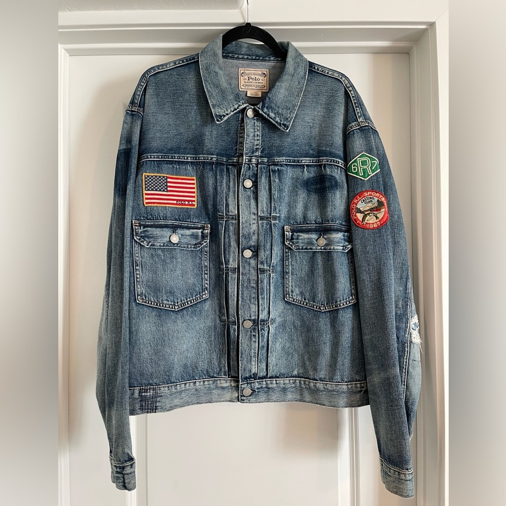 Polo Ralph Lauren SPORTSMAN Canoe Fisherman Patch Trucker Denim Jacket 2XL